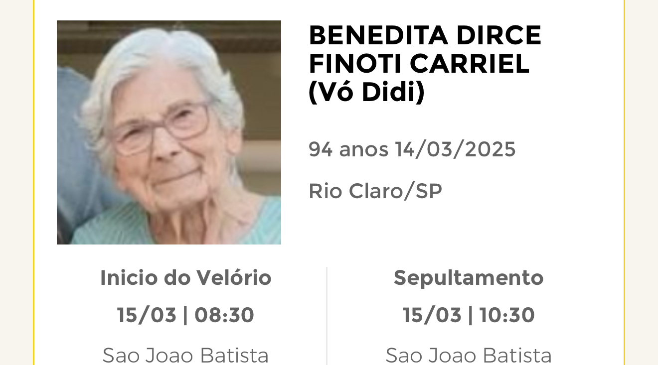 Falecimentos desta sexta-feira 14/03/2025 - Grupo Rio Claro SP