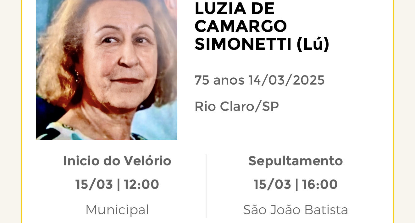 Falecimentos desta sexta-feira 14/03/2025 - Grupo Rio Claro SP