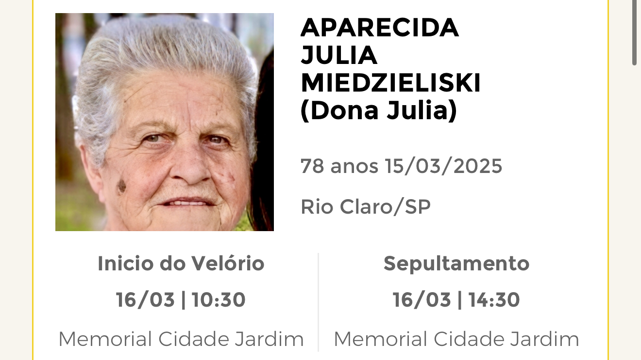 Falecimentos deste sábado 15/03/2025 - Grupo Rio Claro SP