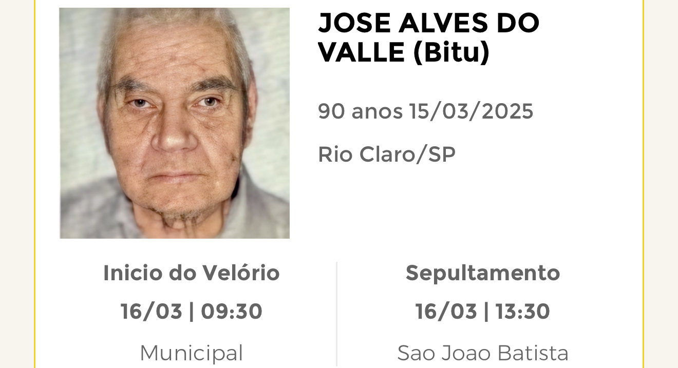 Falecimentos deste sábado 15/03/2025 - Grupo Rio Claro SP