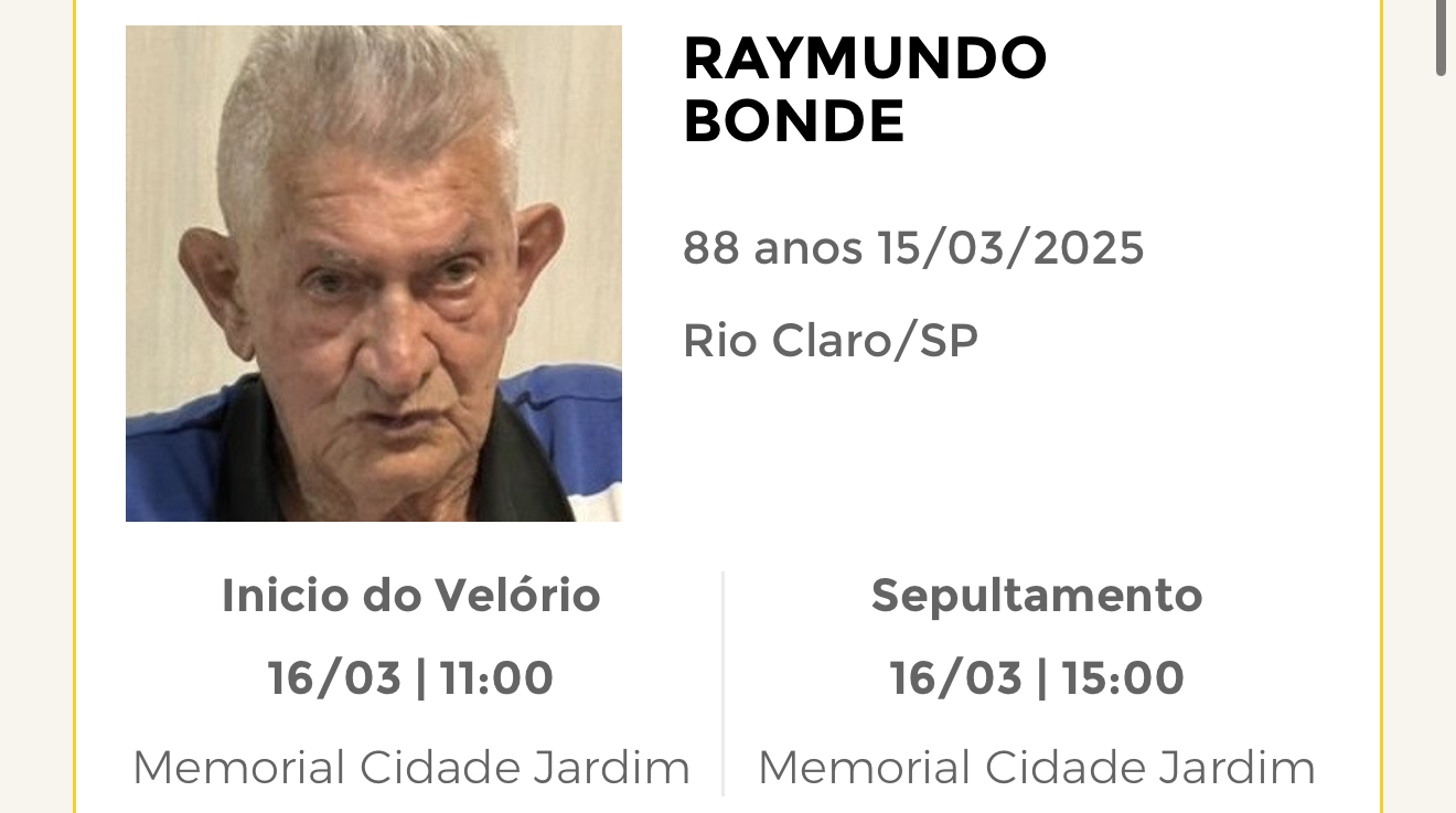 Falecimentos deste sábado 15/03/2025 - Grupo Rio Claro SP