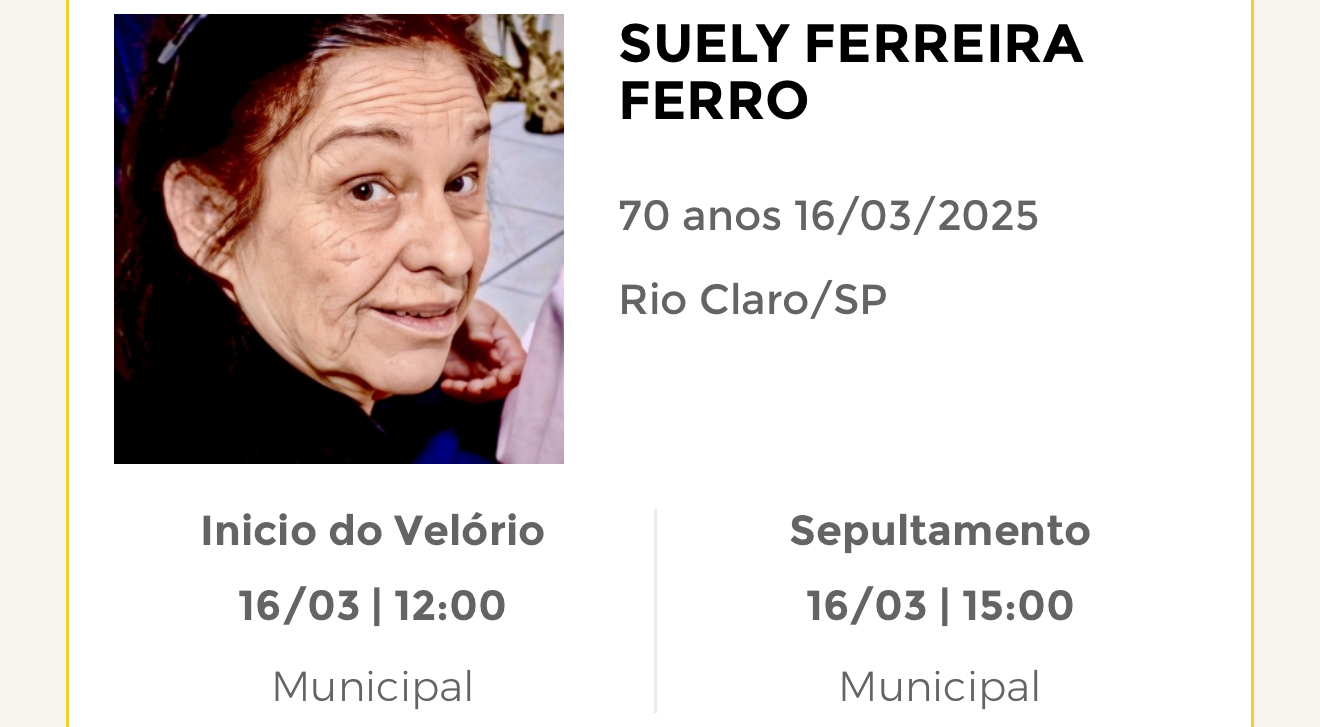 Falecimentos deste domingo 16/03/2025 - Grupo Rio Claro SP