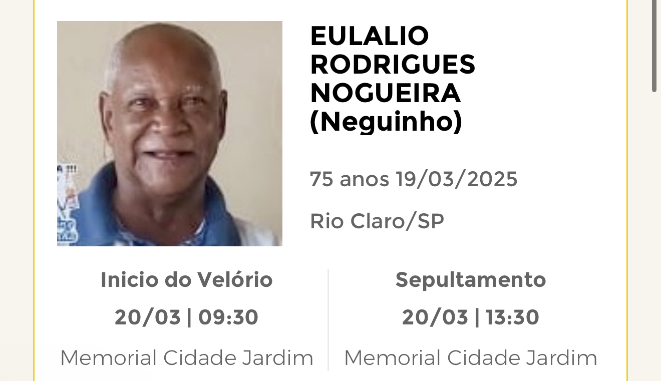 Falecimentos desta quarta-feira 19/03/2025 - Grupo Rio Claro SP