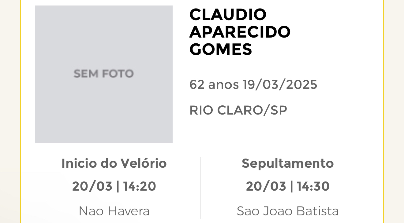 Falecimentos desta quarta-feira 19/03/2025 - Grupo Rio Claro SP