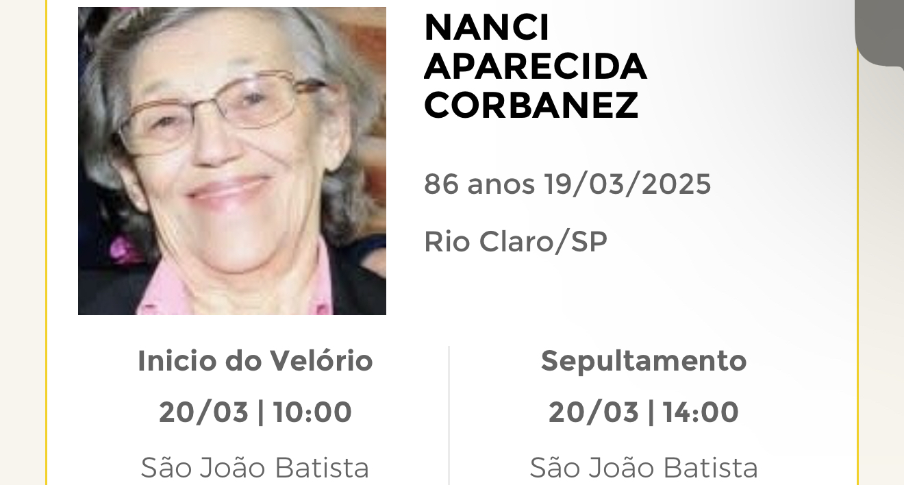 Falecimentos desta quarta-feira 19/03/2025 - Grupo Rio Claro SP