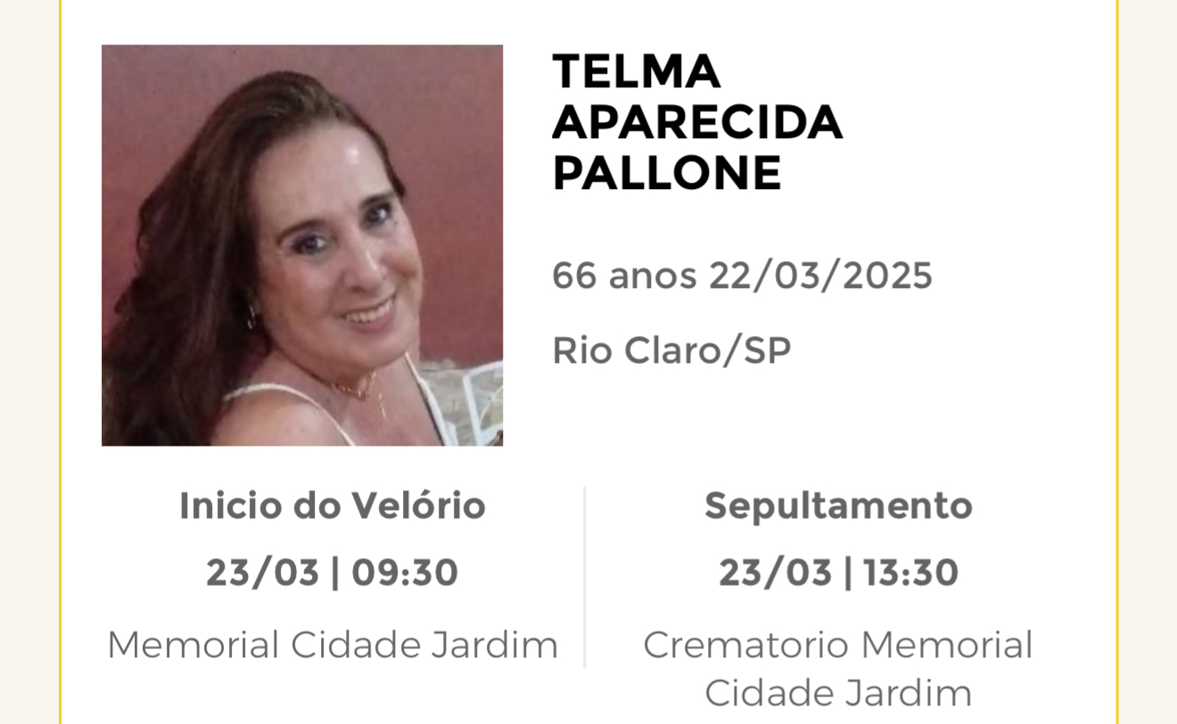 Falecimentos deste domingo 23/03/2025 - Grupo Rio Claro SP