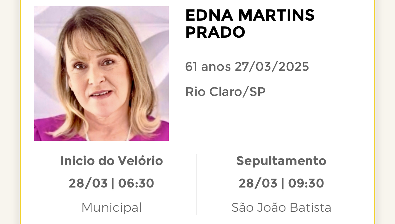 Falecimentos desta quinta-feira 27/03/2025 - Grupo Rio Claro SP