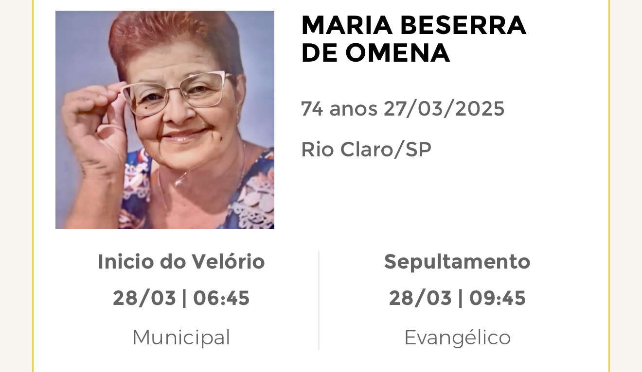 Falecimentos desta quinta-feira 27/03/2025 - Grupo Rio Claro SP