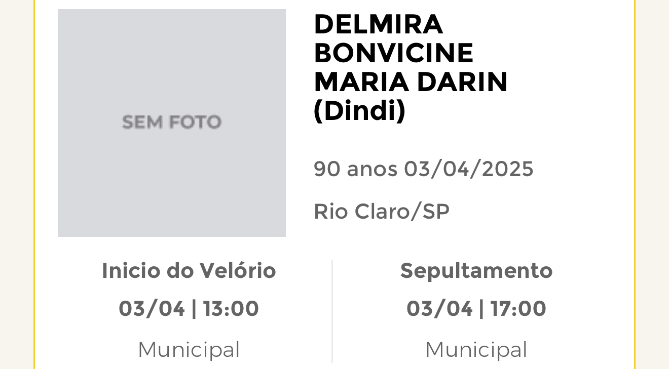 Falecimentos desta quinta-feira 03/04/2025 - Grupo Rio Claro SP
