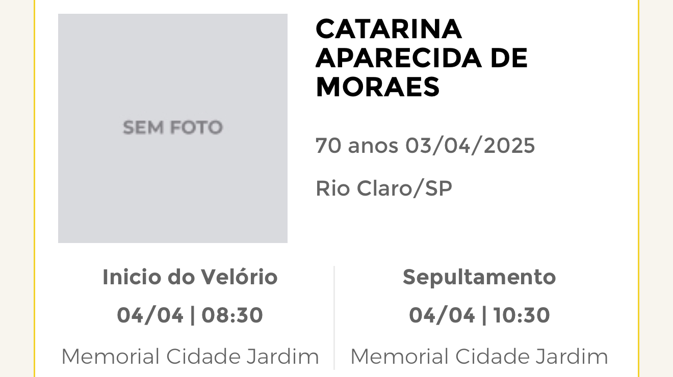 Falecimentos desta quinta-feira 03/04/2025 - Grupo Rio Claro SP