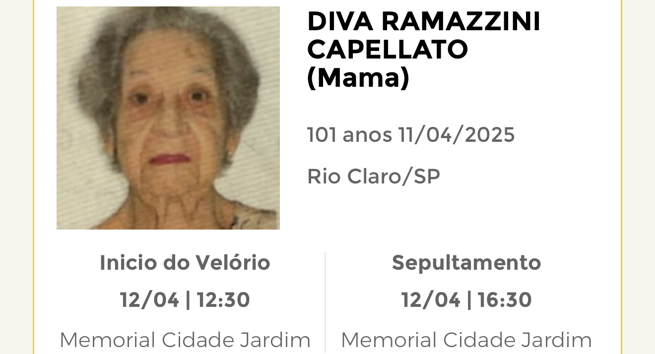 Falecimentos desta sexta-feira 11/04/2025 - Grupo Rio Claro SP