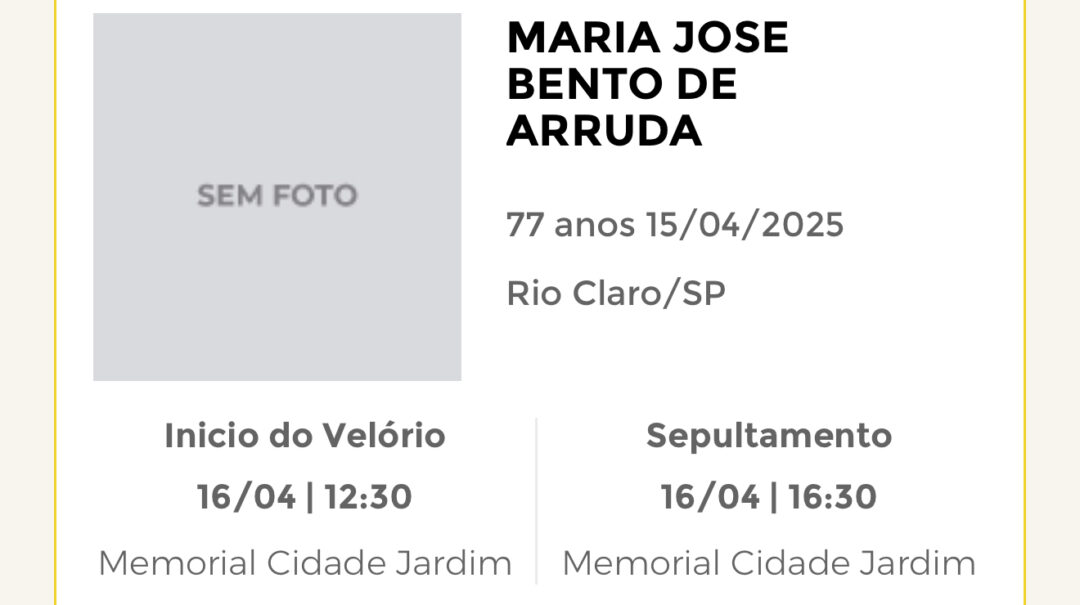 Falecimentos desta terça-feira 15/04/2025 - Grupo Rio Claro SP