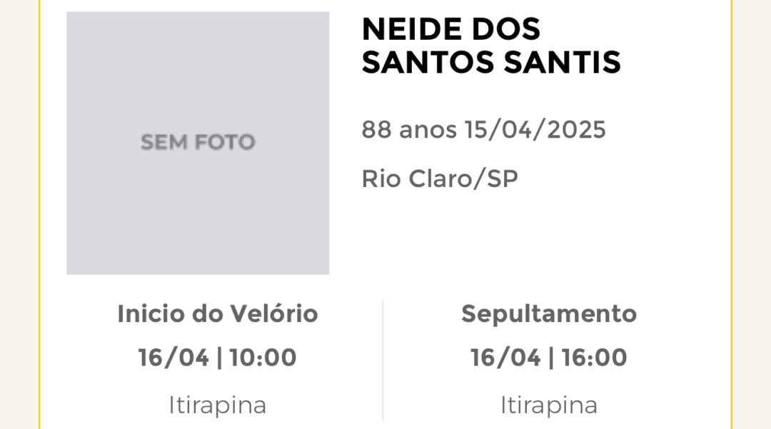 Falecimentos desta terça-feira 15/04/2025 - Grupo Rio Claro SP
