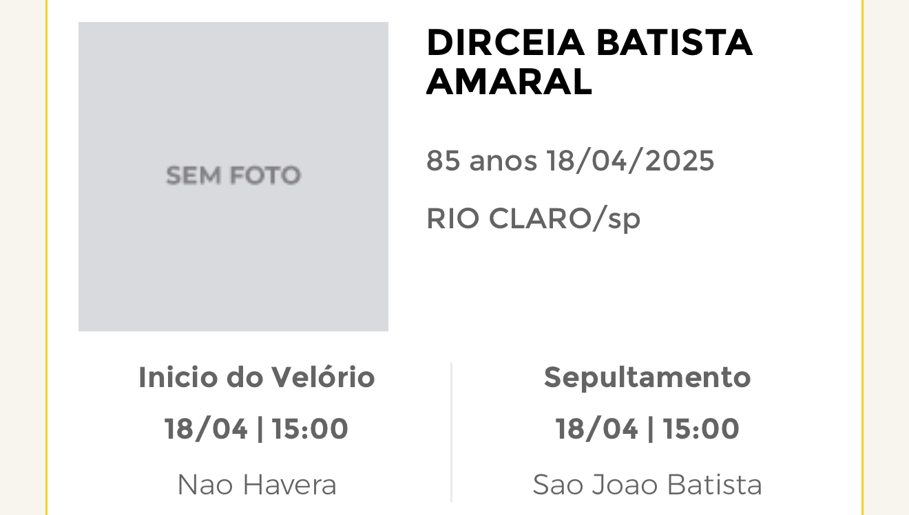Falecimentos desta sexta-feira 18/04/2025 - Grupo Rio Claro SP