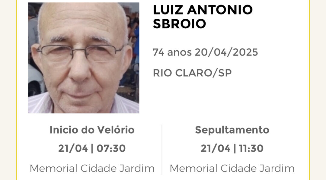 Falecimentos deste domingo 20/04/2025 - Grupo Rio Claro SP