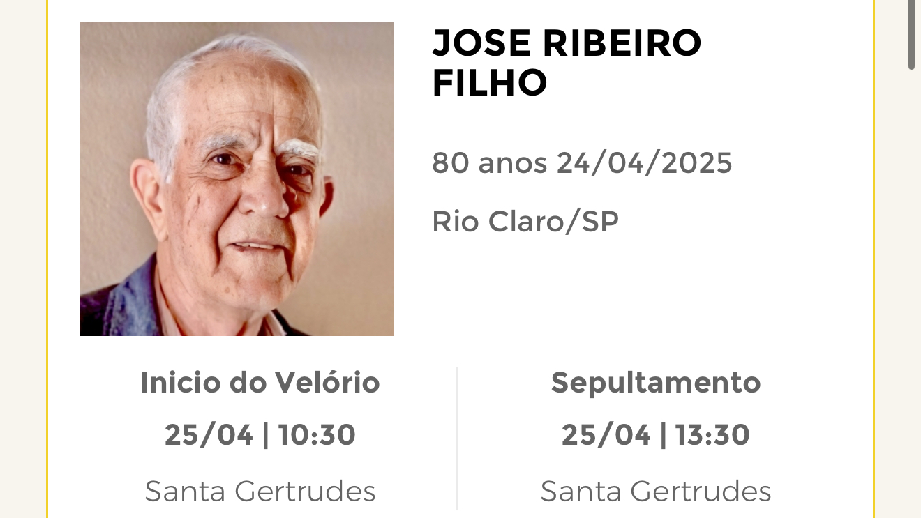 Falecimentos desta quinta-feira 24/04/2025 - Grupo Rio Claro SP