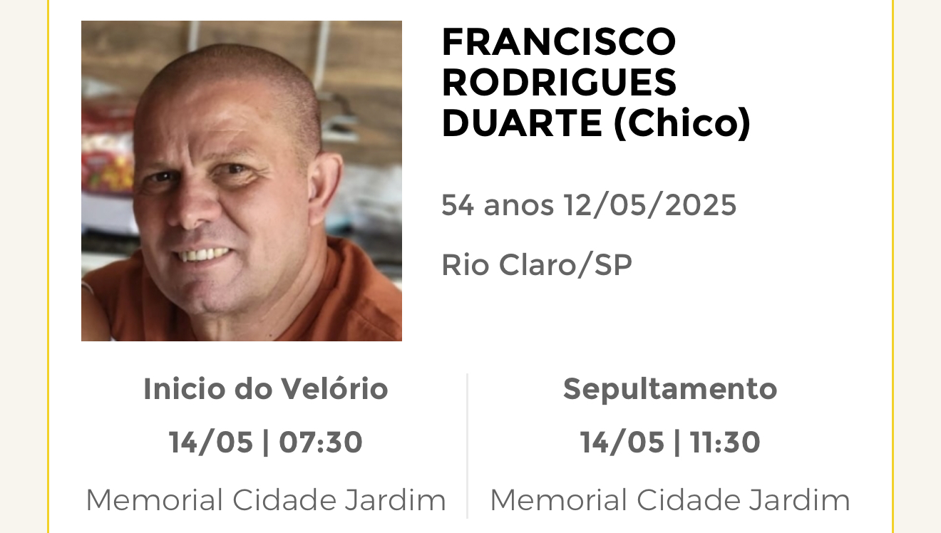 Falecimentos desta segunda-feira 12/05/2025 - Grupo Rio Claro SP