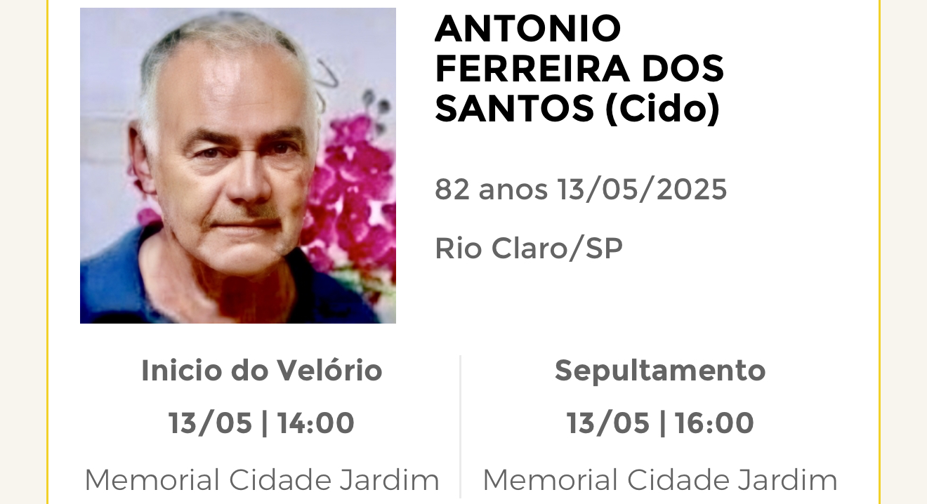Falecimentos desta terça-feira 13/05/2025 - Grupo Rio Claro SP