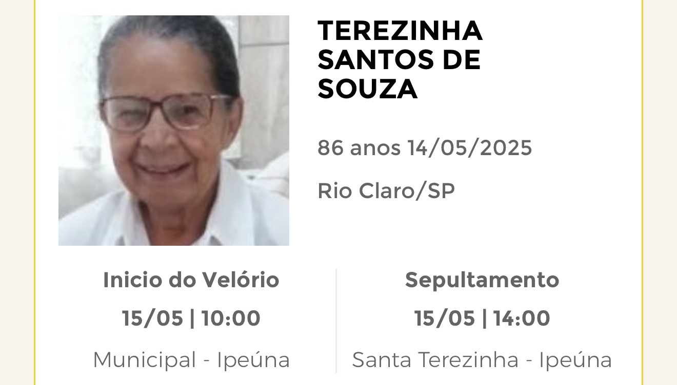 Falecimentos desta quarta-feira 14/05/2025 - Grupo Rio Claro SP