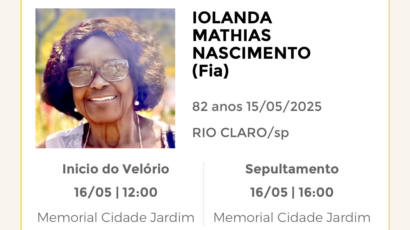 Falecimentos desta quinta-feira 15/05/2025 - Grupo Rio Claro SP