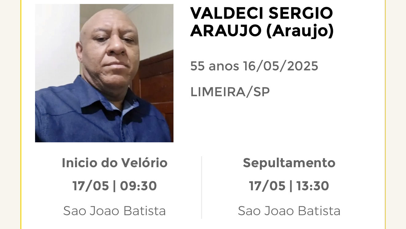 Falecimentos desta sexta-feira 16/05/2025 - Grupo Rio Claro SP