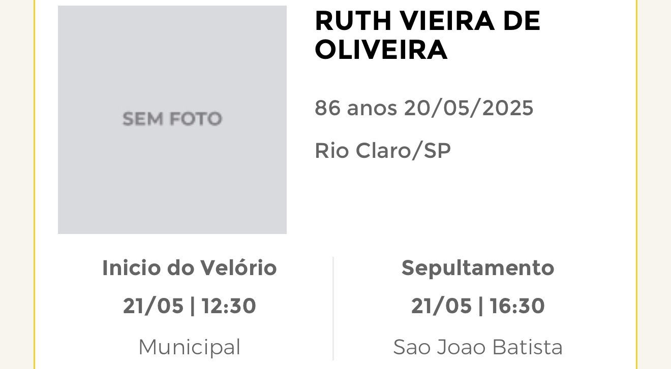 Falecimentos desta terça-feira 20/05/2025 - Grupo Rio Claro SP