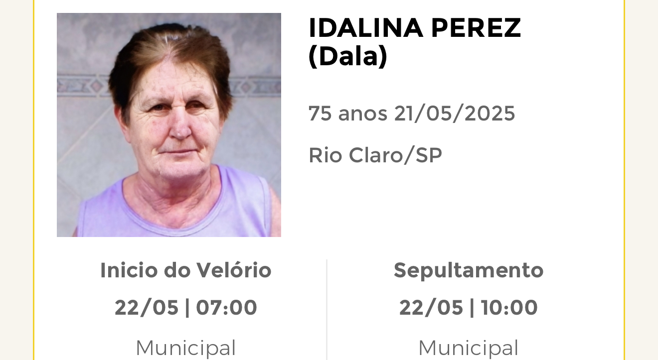 Falecimentos desta quarta-feira 21/05/2025 - Grupo Rio Claro SP
