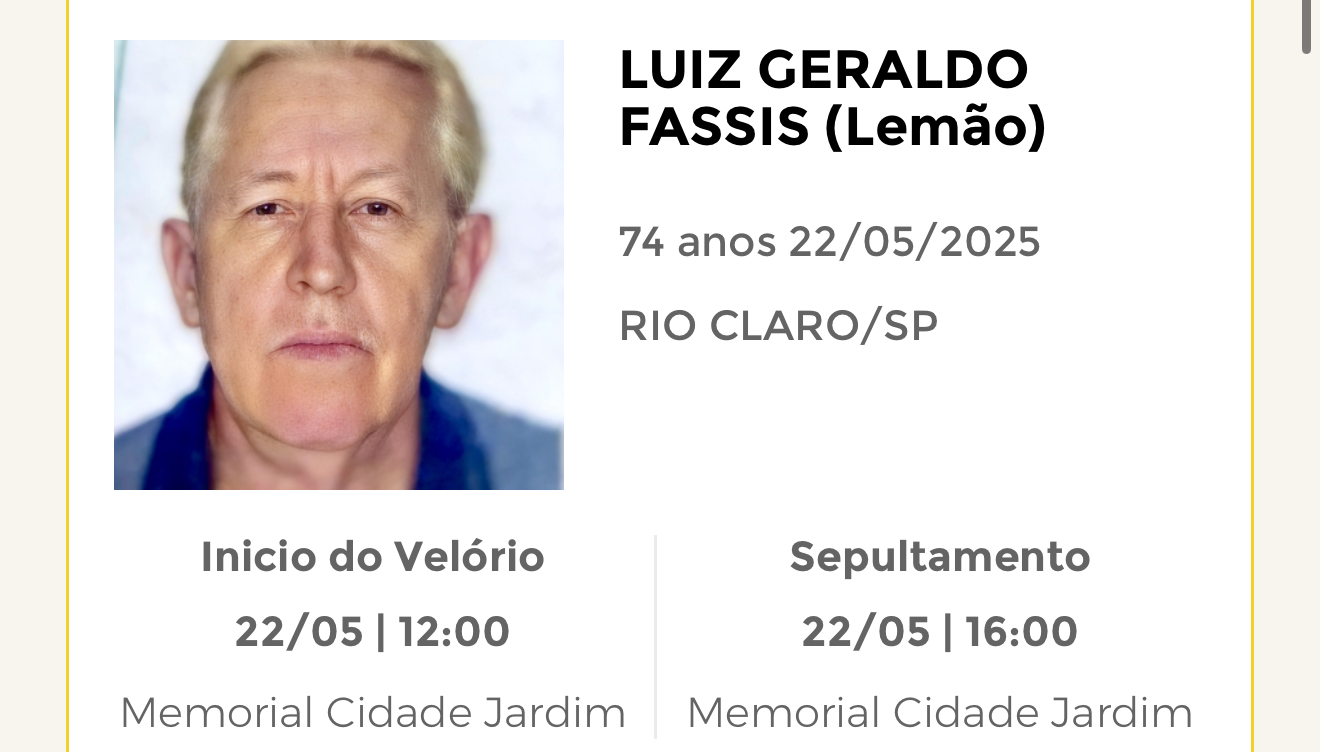Falecimentos desta quinta-feira 22/05/2025 - Grupo Rio Claro SP