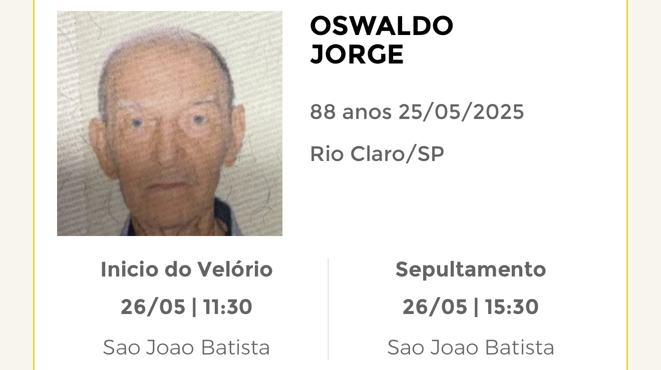 Falecimentos deste domingo 25/05/2025 - Grupo Rio Claro SP