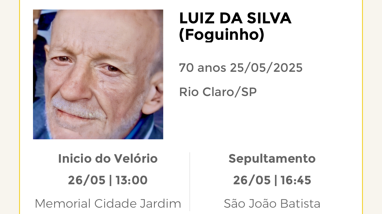 Falecimentos deste domingo 25/05/2025 - Grupo Rio Claro SP