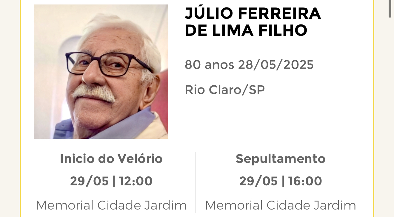 Falecimentos desta quarta-feira 28/05/2025 - Grupo Rio Claro SP