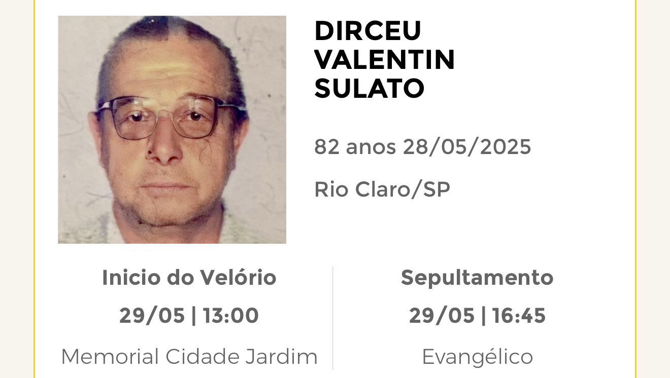 Falecimentos desta quarta-feira 28/05/2025 - Grupo Rio Claro SP