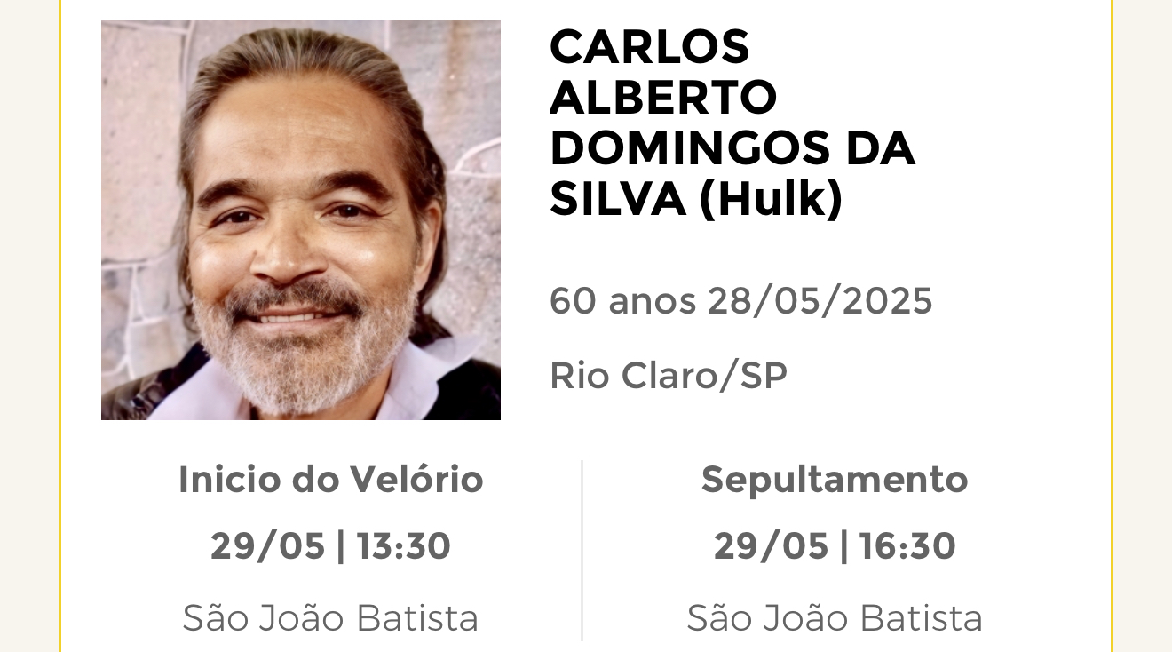 Falecimentos desta quarta-feira 28/05/2025 - Grupo Rio Claro SP