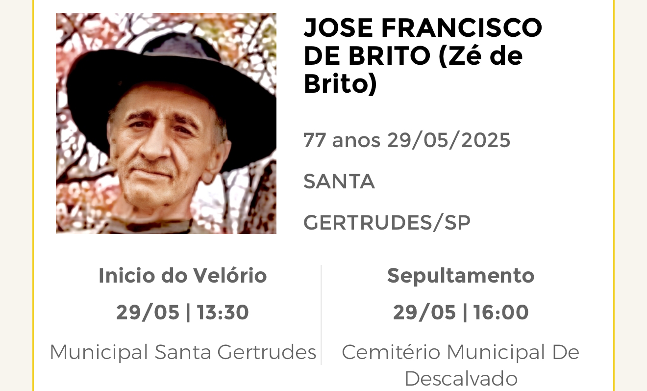 Falecimentos desta quinta-feira 29/05/2025 - Grupo Rio Claro SP